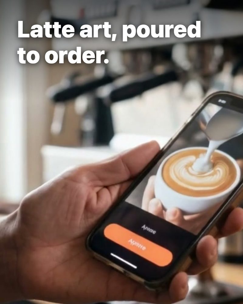 A hand holding a phone with a latte being poured, with the words Latte art, poured to order. on it (sample)